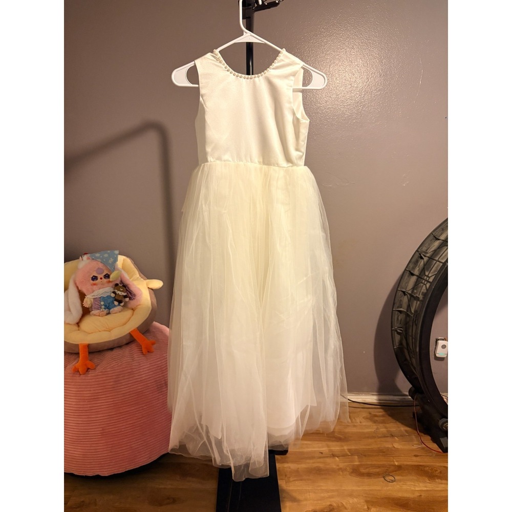 White/Ivory Flower Girl Dress (first communion) Beaded Collar Sz 10 Girls